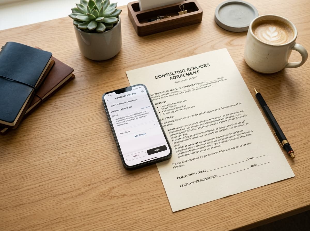 Mockup do Cria Contrato em smartphone e contrato impresso