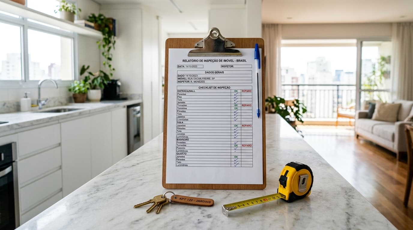 Prancheta com checklist de vistoria de imóvel, chaves e trena em apartamento moderno