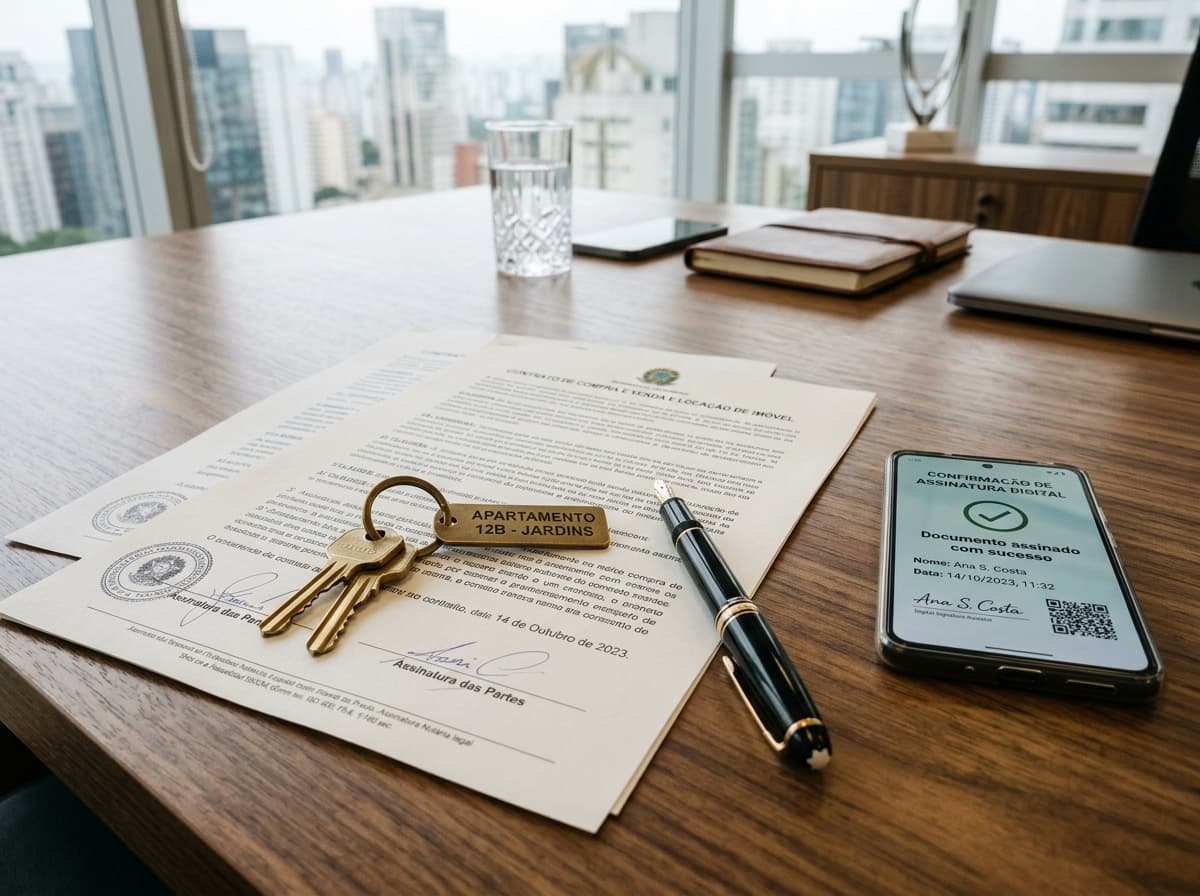 Contrato de aluguel e compra e venda de imóvel impresso com chave e smartphone